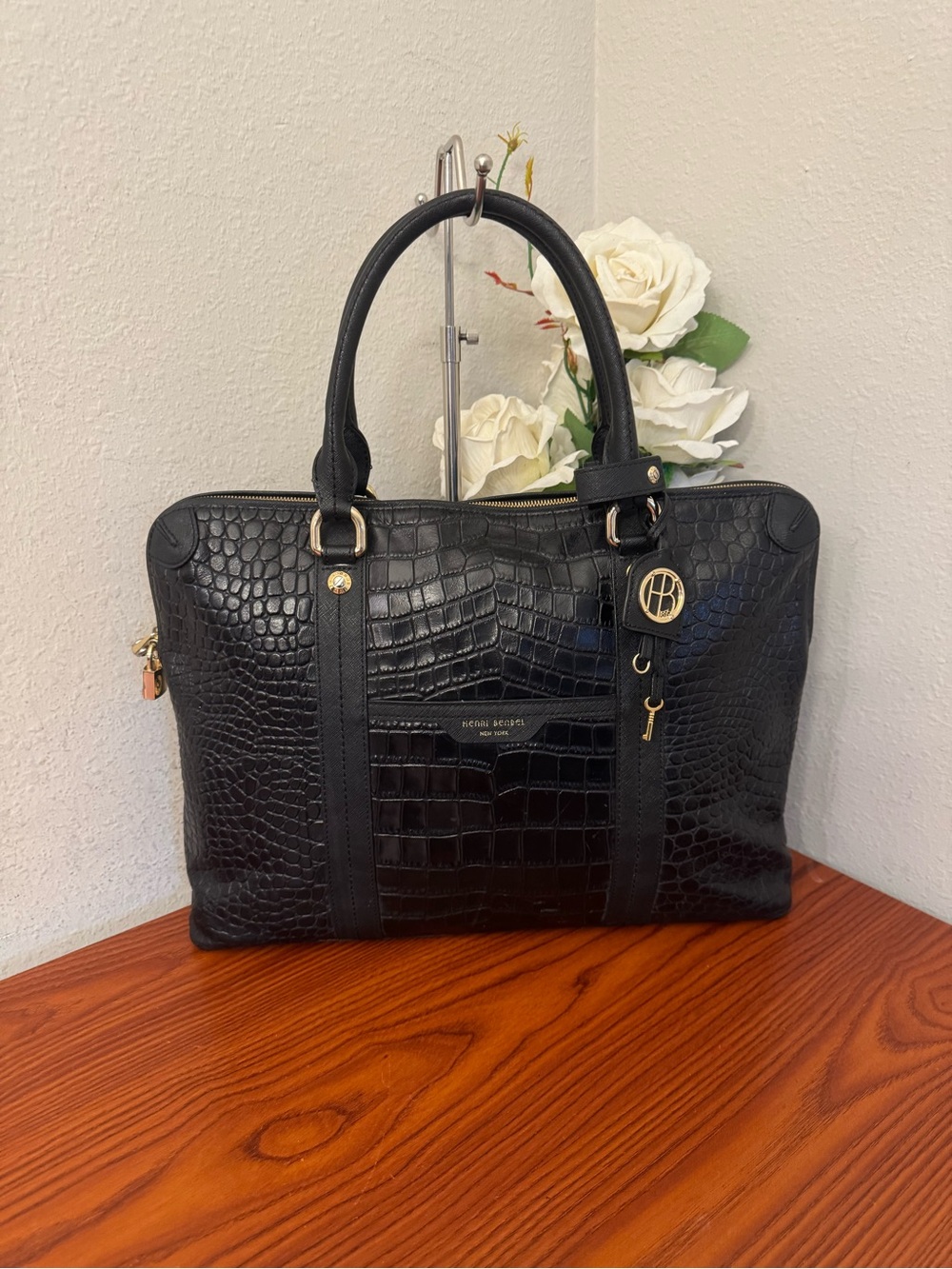 henri bendel Black Croc-Embossed Leather Satchel with Gold Charm
